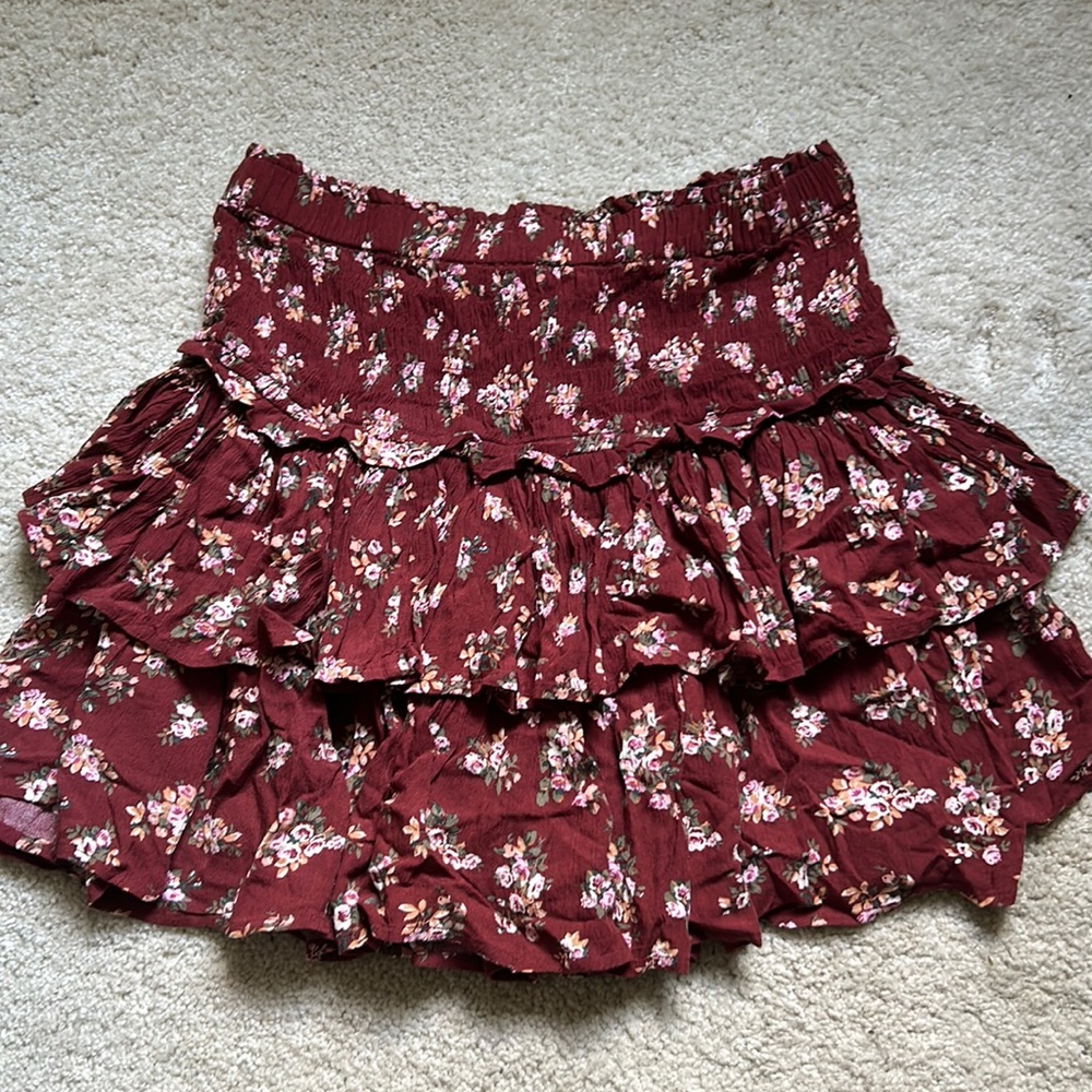 American Eagle Floral Maroon Ruffle Skirt